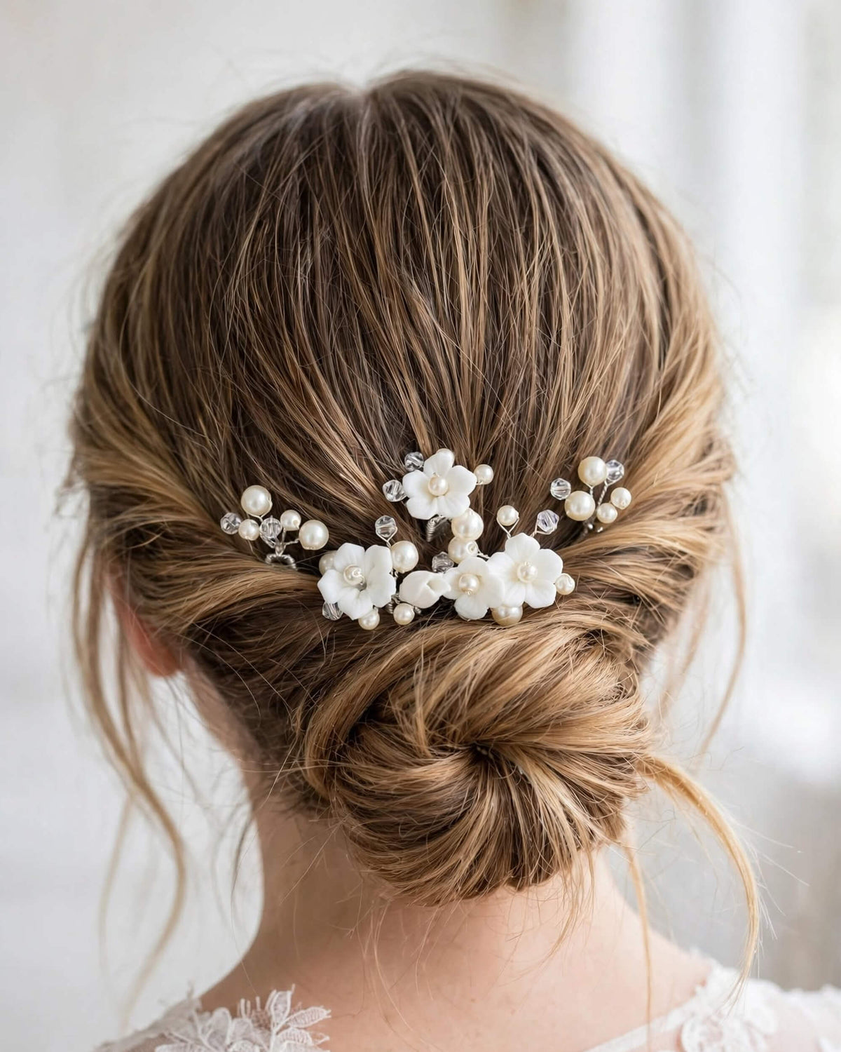 Pearl Hair Pins with Porcelain Flowers & Crystal – Floral Wedding Hair Accessory