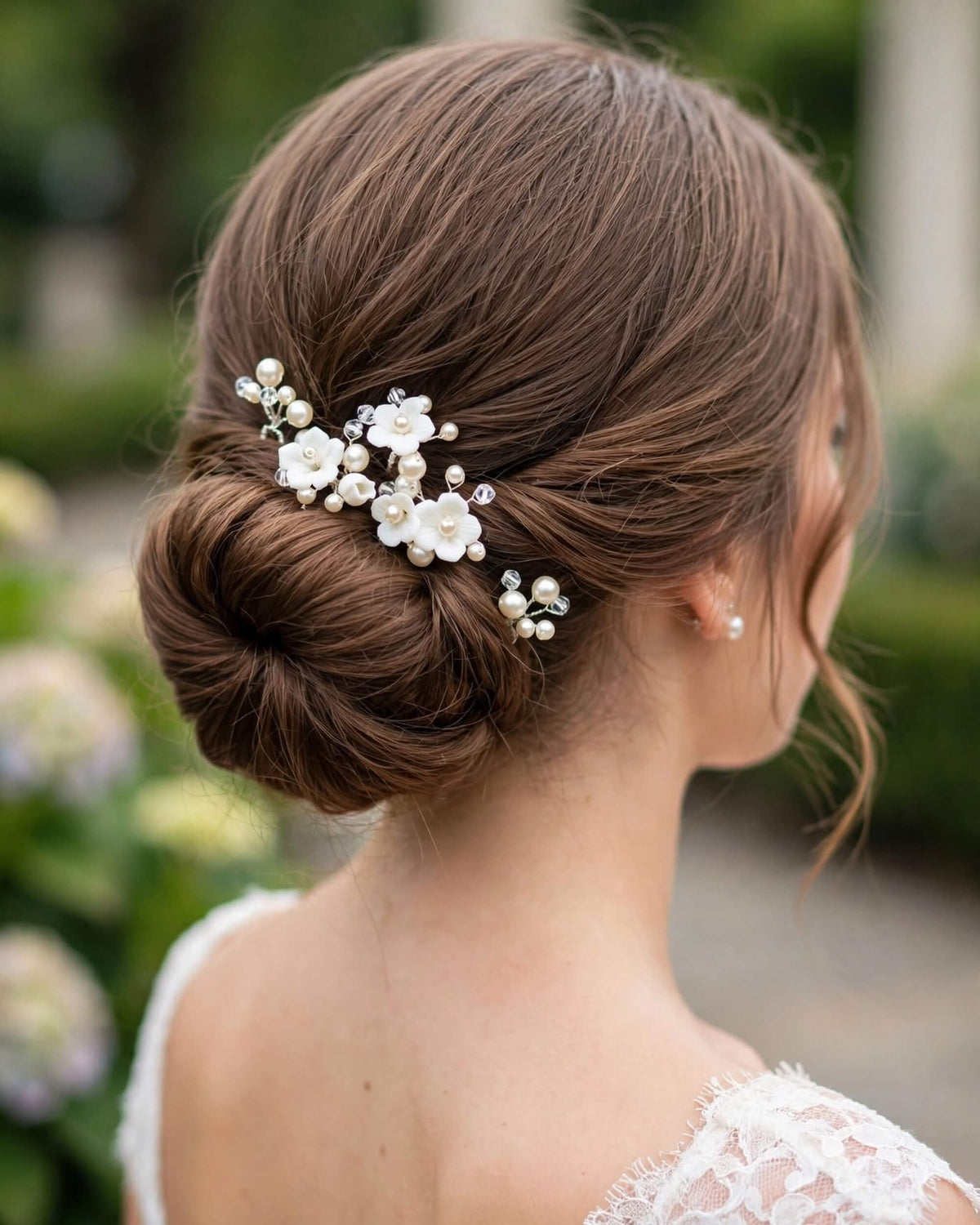 Pearl Hair Pins with Porcelain Flowers & Crystal – Floral Wedding Hair Accessory