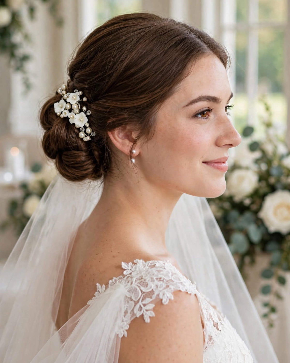 Pearl Hair Pins with Porcelain Flowers & Crystal – Floral Wedding Hair Accessory