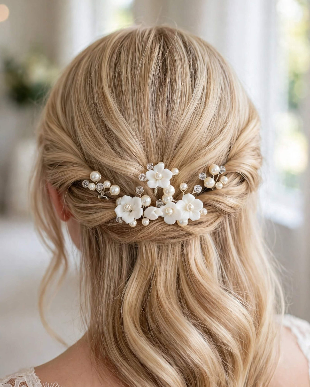 Pearl Hair Pins with Porcelain Flowers & Crystal – Floral Wedding Hair Accessory