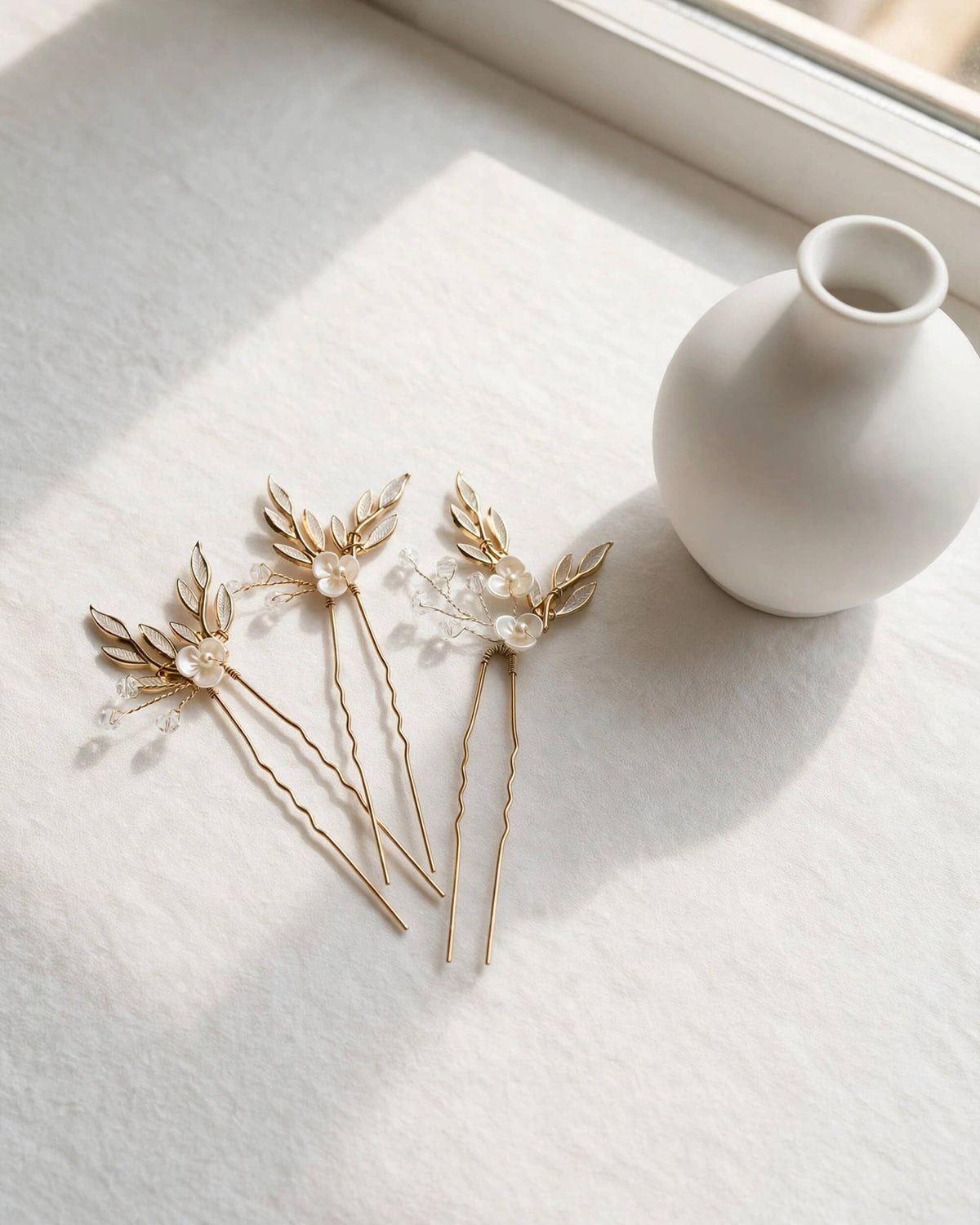 Bridal Leaf Pearl Hair Pins Set of 3 – Crystal Wedding Hair Accessories, Gold, Silver, Rose Gold