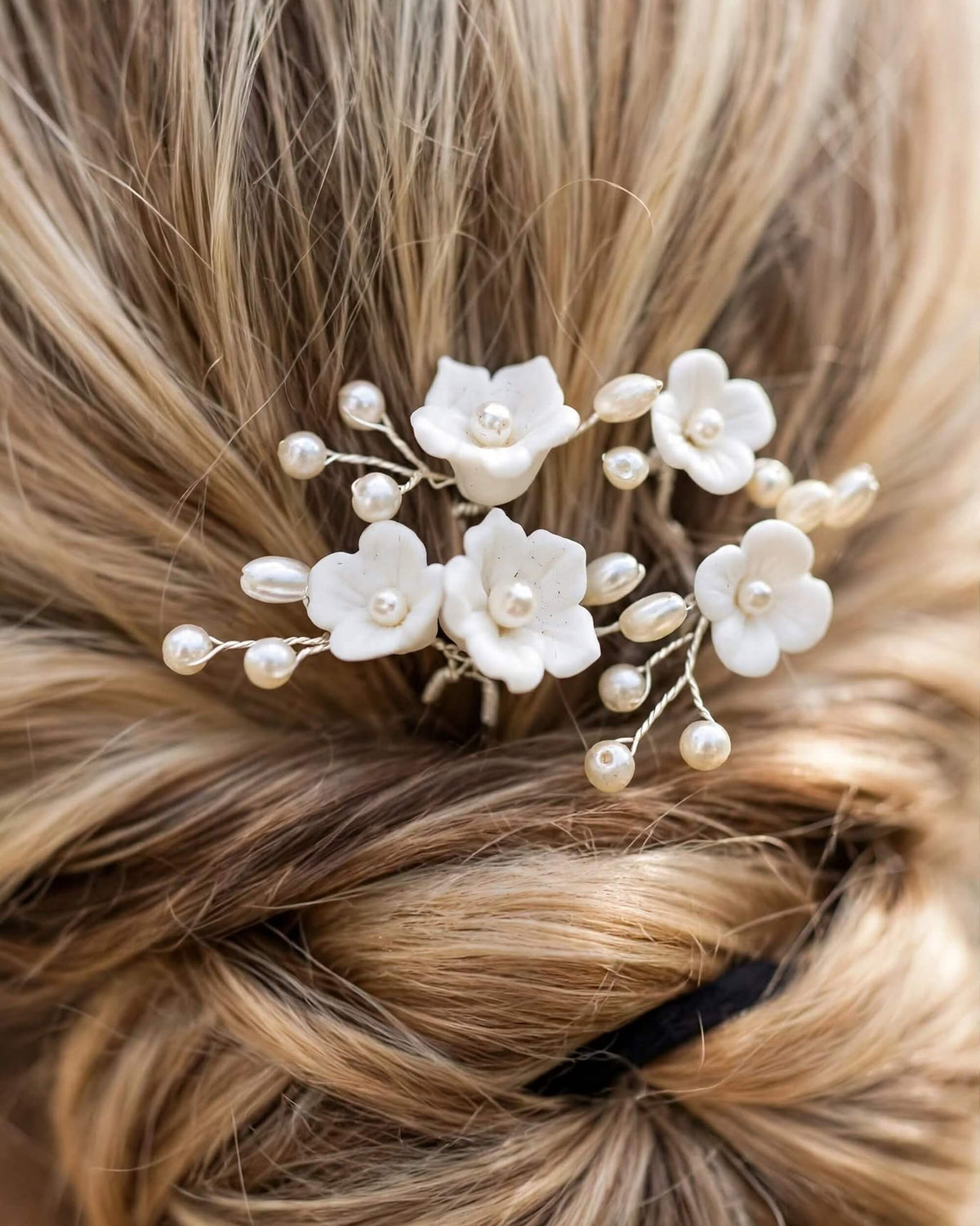 Pearl Hair Pins with Porcelain Flowers – Floral Bridal Hair Accessory