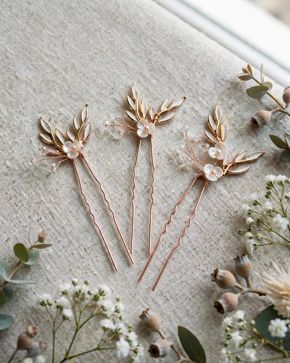 Bridal Leaf Pearl Hair Pins Set of 3 – Crystal Wedding Hair Accessories, Gold, Silver, Rose Gold