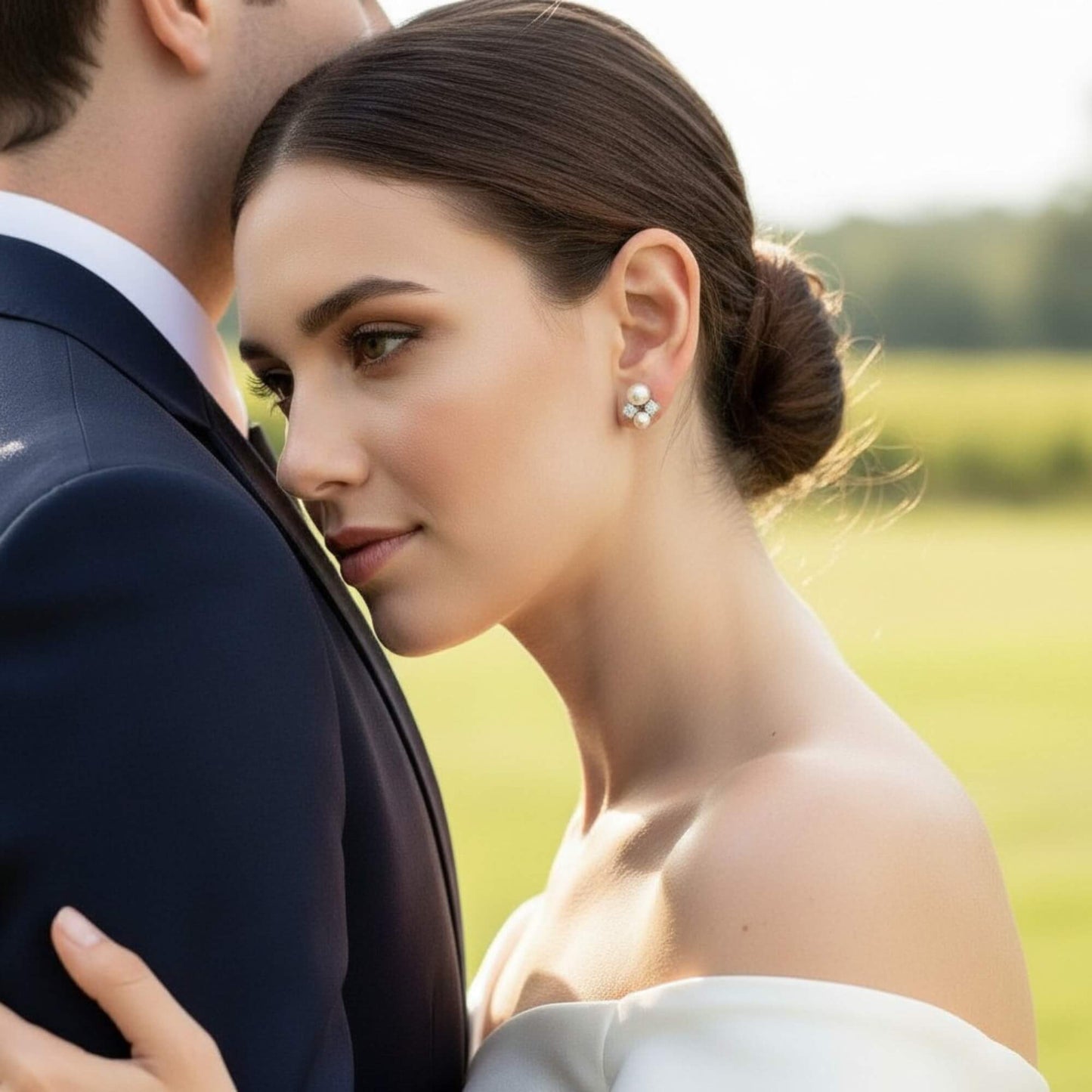 Australian bride with soft makeup showcasing pearl and zirconia earrings in an outdoor setting.