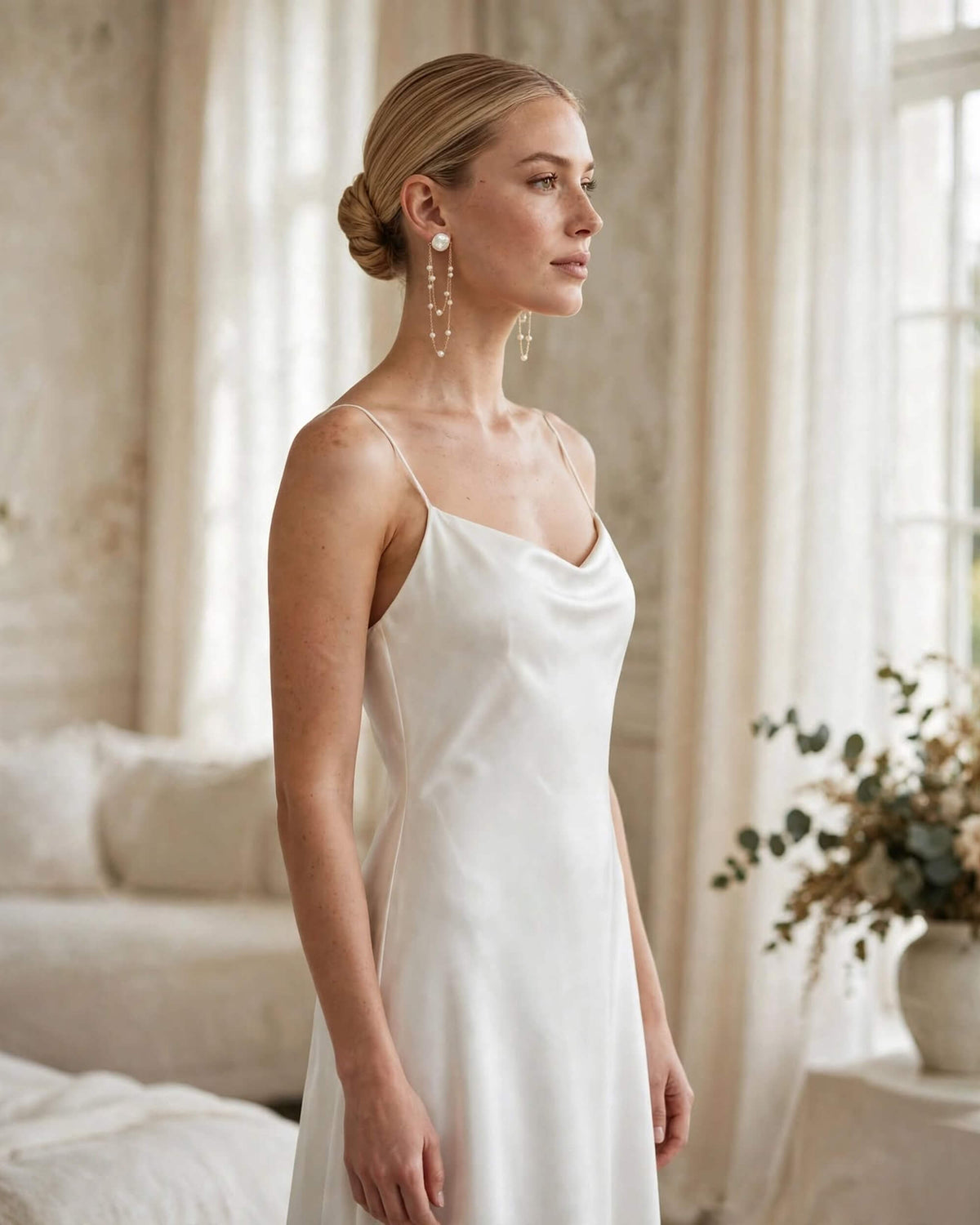Freshwater pearl dangle earrings styled with an elegant bridal look
