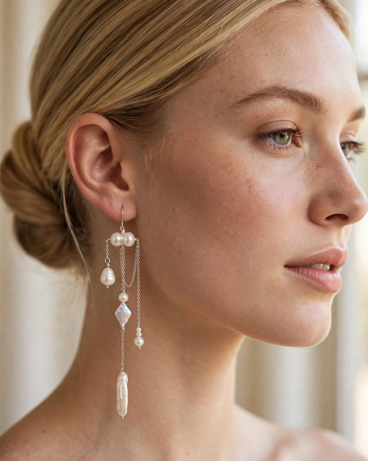 Bride wearing freshwater pearl drop earrings at a wedding
