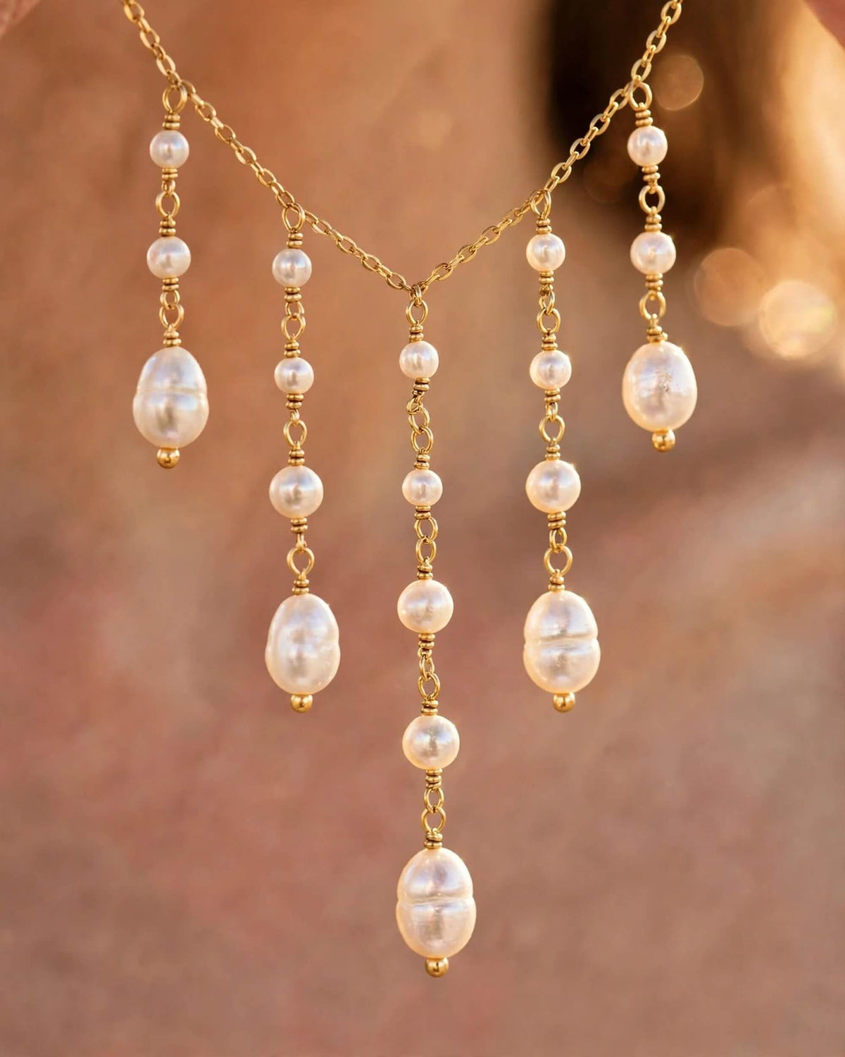 Freshwater Pearl Bridal Necklace with Cascading Pearl Drops, Wedding Jewellery