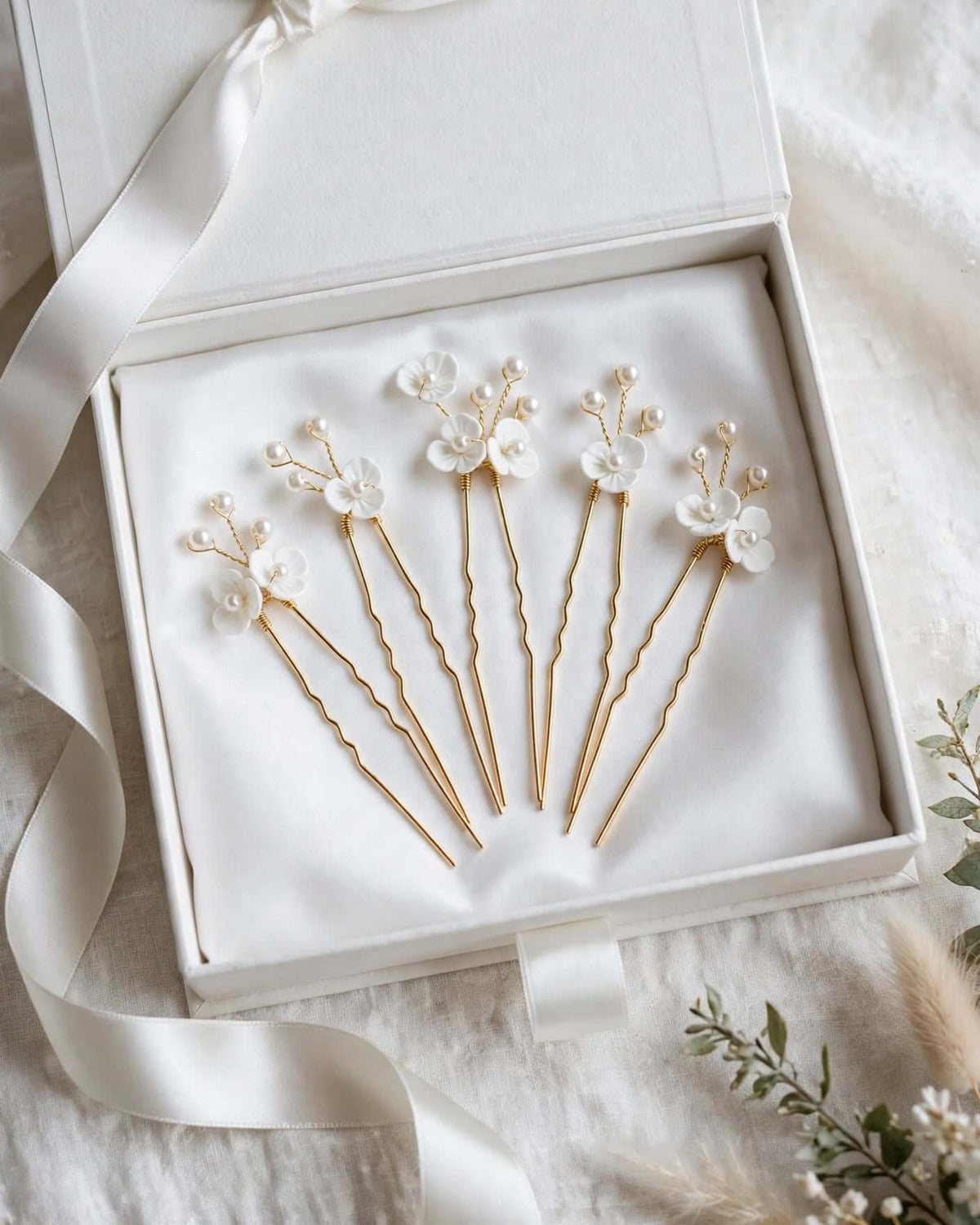 Bridal Floral Pearl Hair Pins Set of 5 – Crystal Wedding Hair Accessories, Gold, Silver, Rose Gold