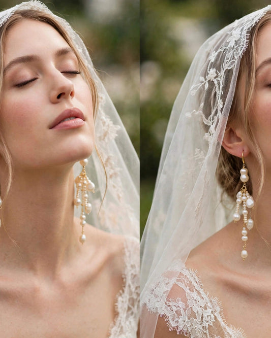 Bride wearing freshwater pearl dangle earrings for a wedding