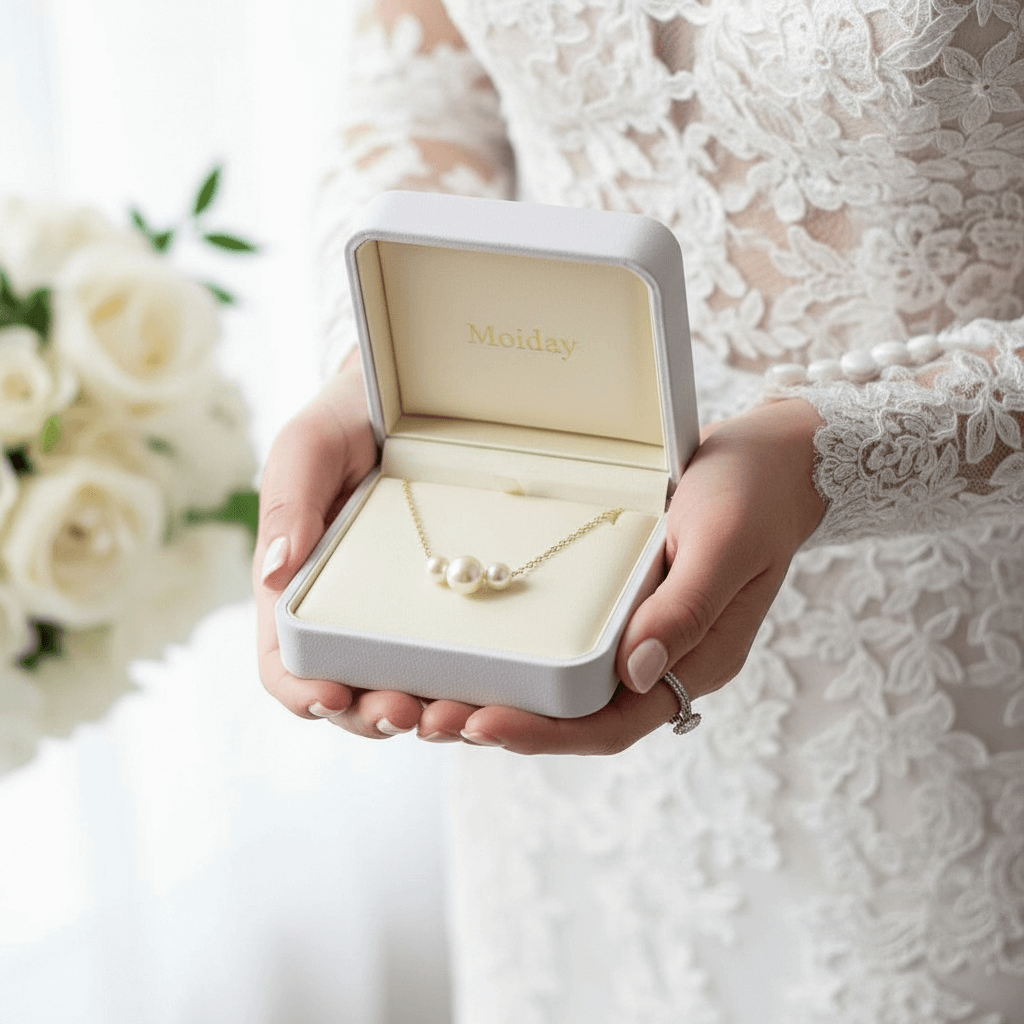 Pearl necklace in a jewelry box held by a person wearing a lace dress with white flowers in the background.