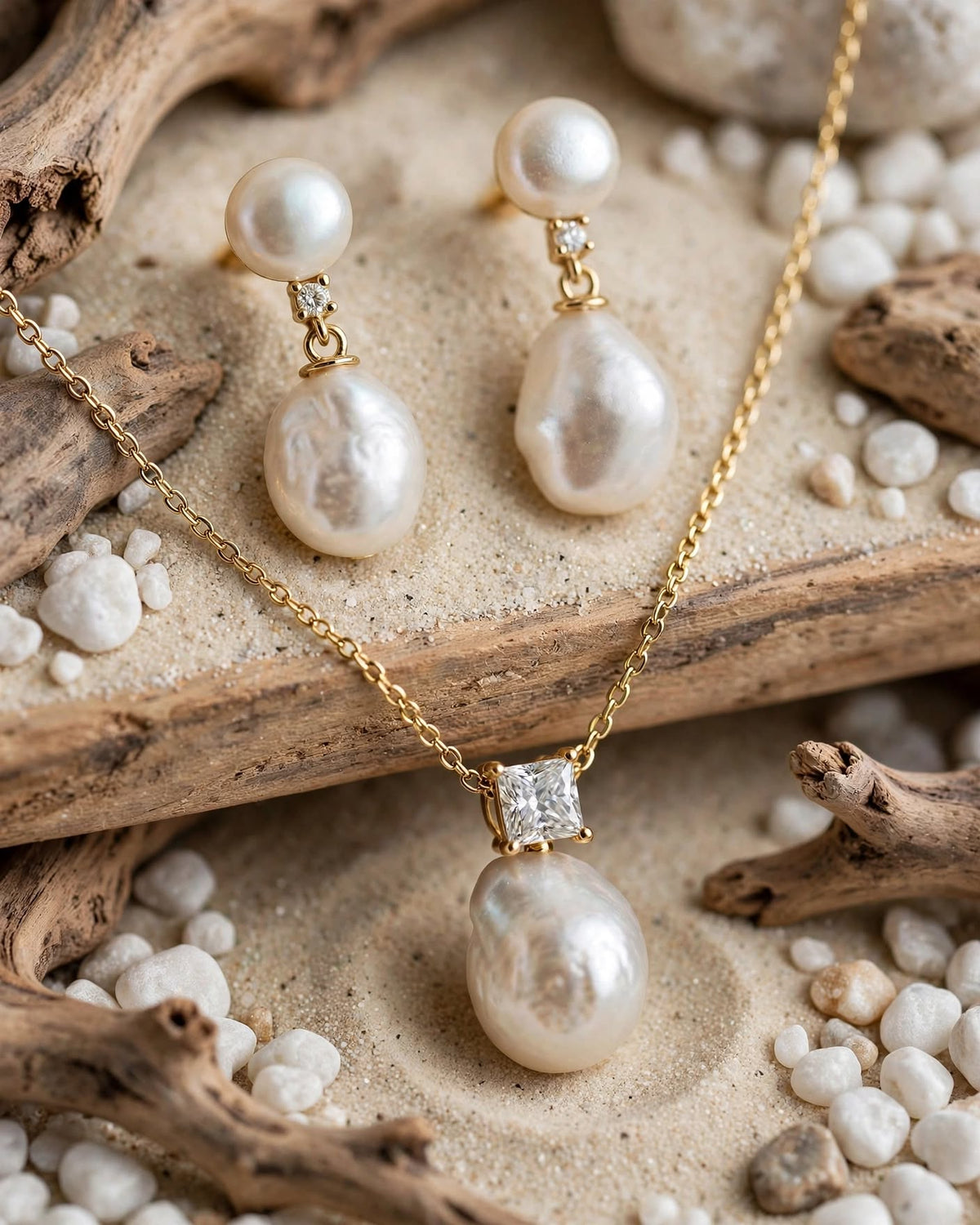 Gold-tone pearl jewelry set featuring a pendant necklace and matching drop earrings, styled on sand with driftwood and small white stones.