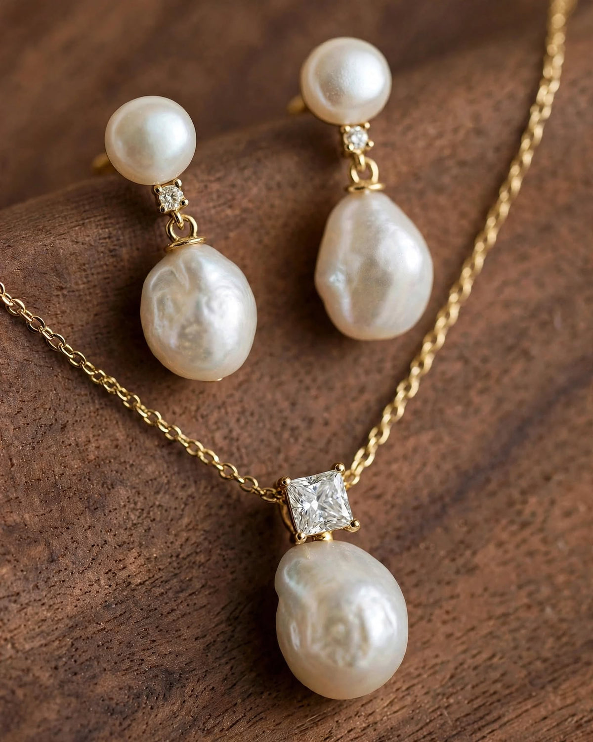 A gold jewelry set featuring a necklace and matching earrings with baroque-style white pearls and small clear accent stones, displayed on a dark brown wooden surface.