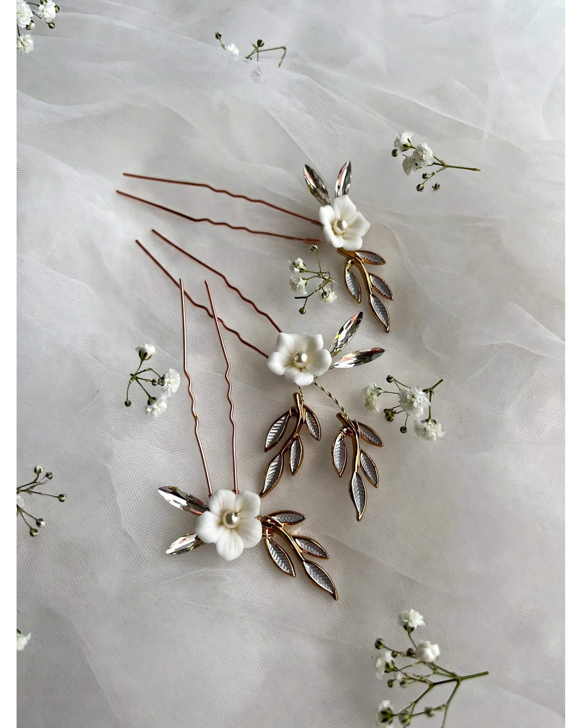 Pearl Hair Pins with Porcelain Flowers & Crystal – Floral Leaf Bridal Hair Accessory