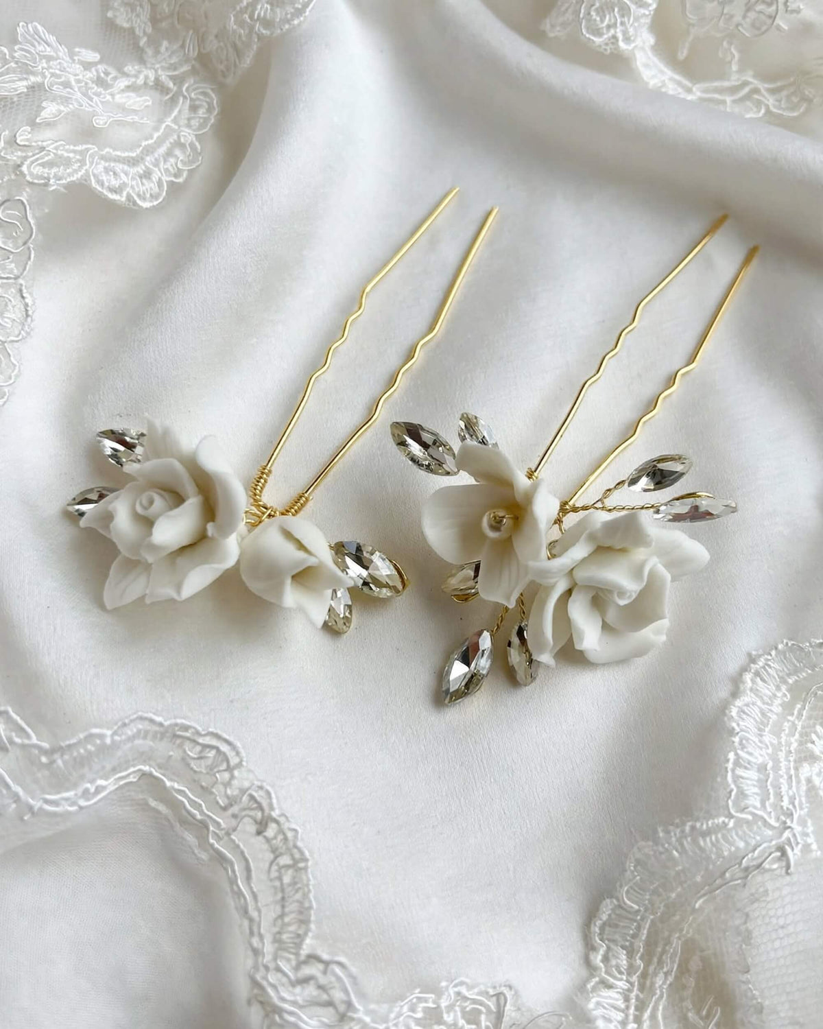 Bridal Hair Pins with Porcelain Roses & Crystal Leaves – Wedding Hair Accessory