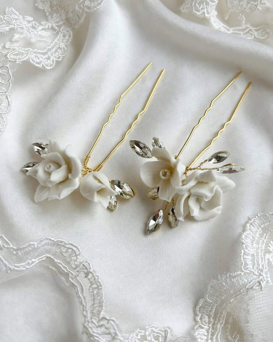 Bridal Hair Pins with Porcelain Roses & Crystal Leaves – Wedding Hair Accessory