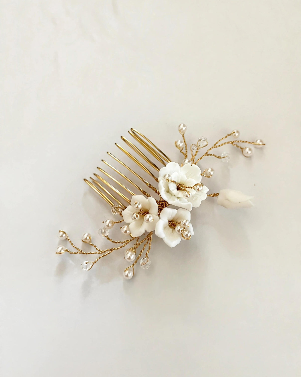 Bridal Hair Comb with Porcelain Flowers & Glass Pearls – Wedding Hair Accessory
