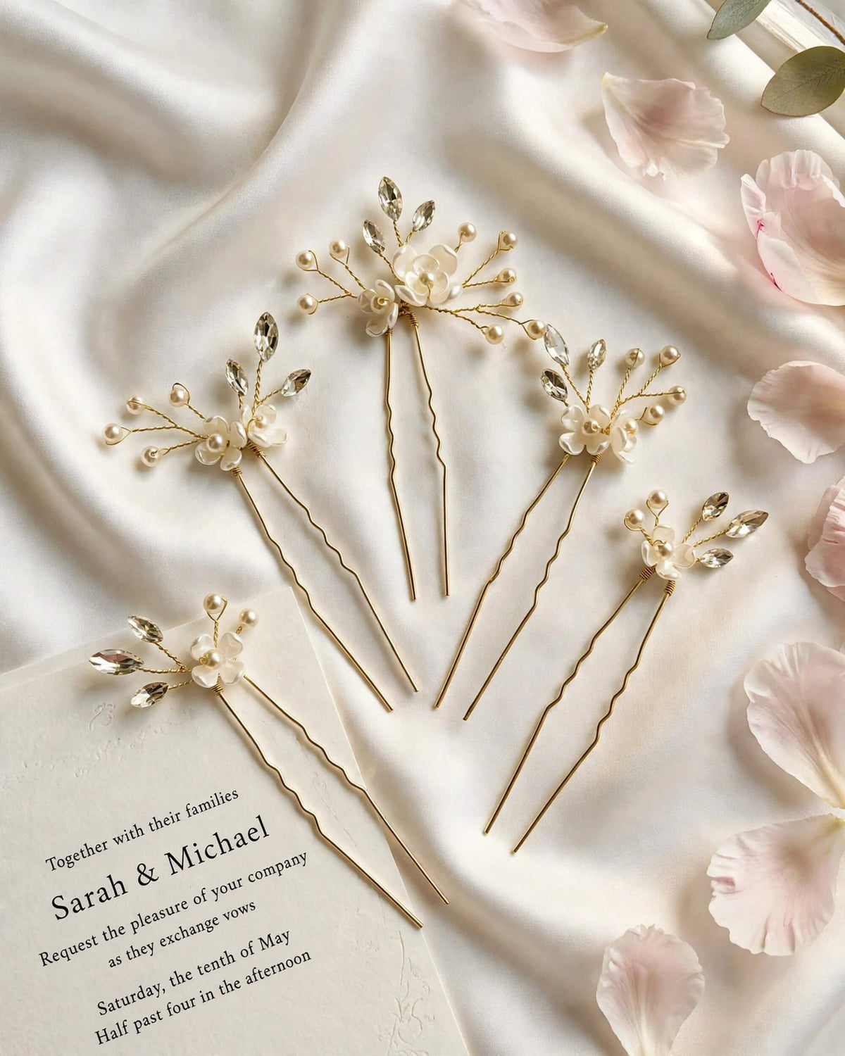 Bridal Hair Pins Floral Crystal Pearl Wedding Hair Accessories – Gold, Silver & Rose Gold