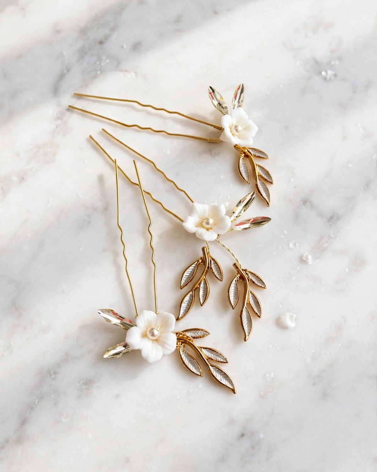 Pearl Hair Pins with Porcelain Flowers & Crystal – Floral Leaf Bridal Hair Accessory
