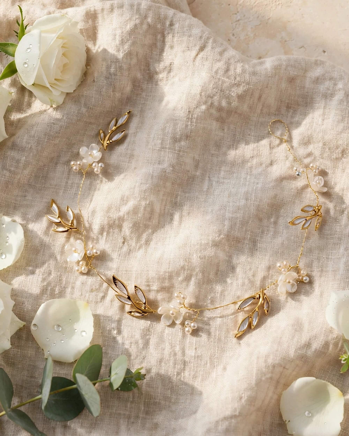 Bridal Hair Vine with Gold-Plated Leaves and Premium Glass Pearls – Wedding Hair Accessory