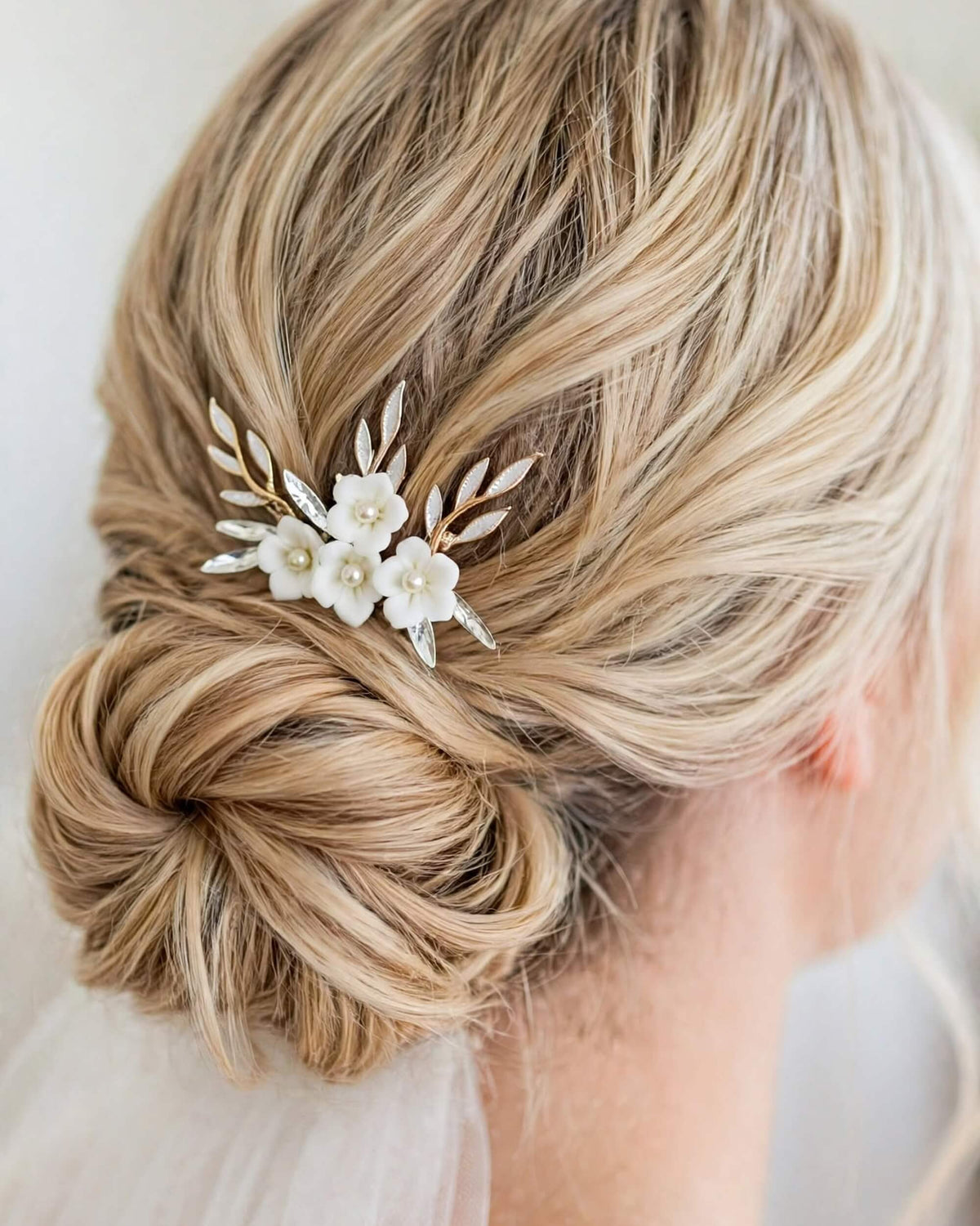 Pearl Hair Pins with Porcelain Flowers & Crystal – Floral Leaf Bridal Hair Accessory