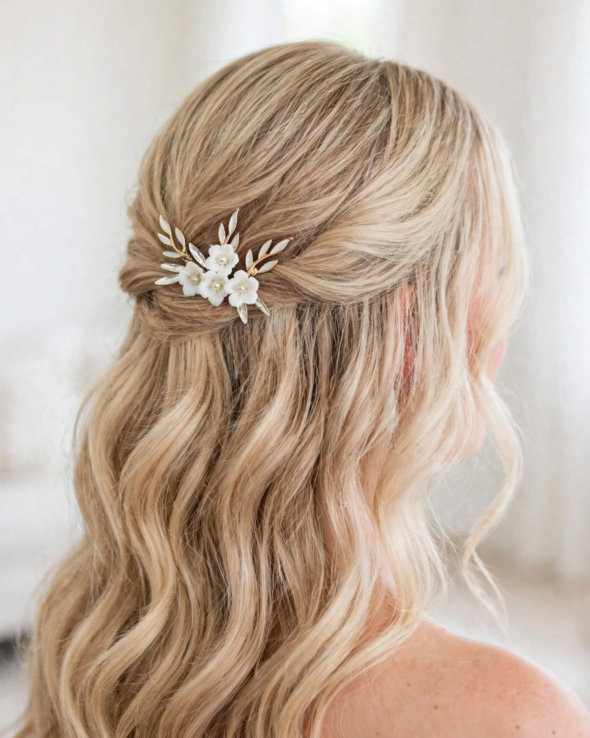Pearl Hair Pins with Porcelain Flowers & Crystal – Floral Leaf Bridal Hair Accessory