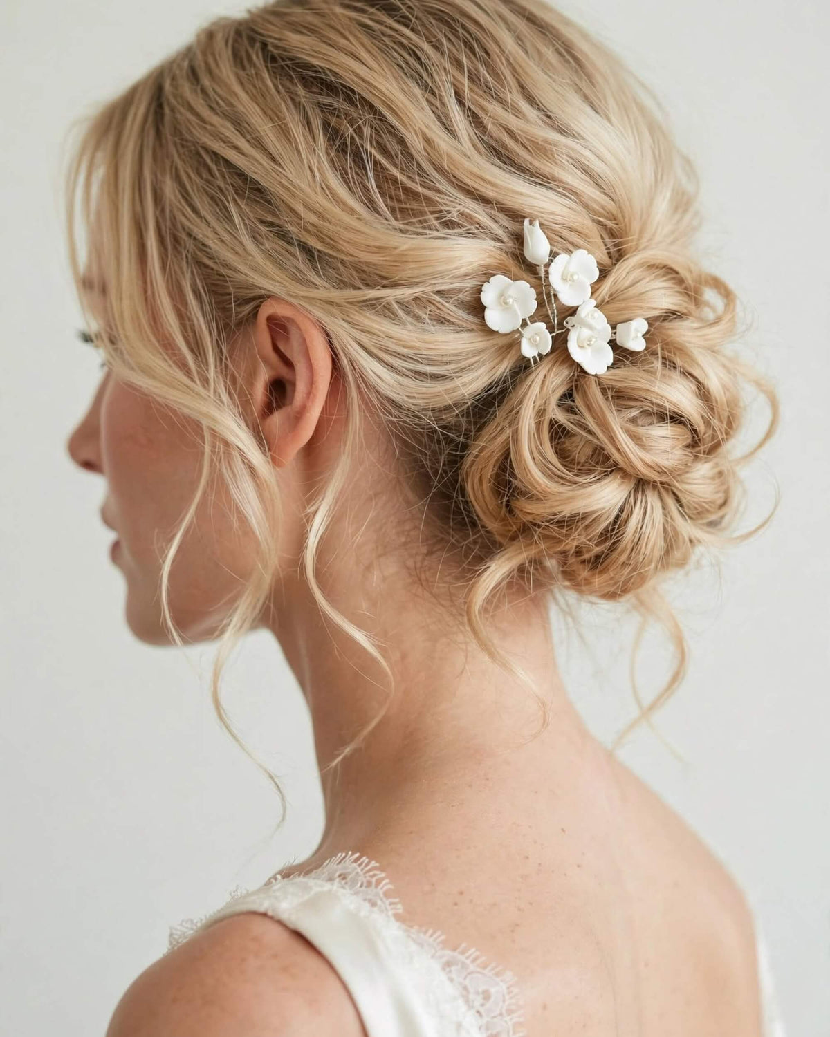 Bridal Hair Pins with Porcelain Flowers & Pearls – Minimalist Wedding Hair Accessory