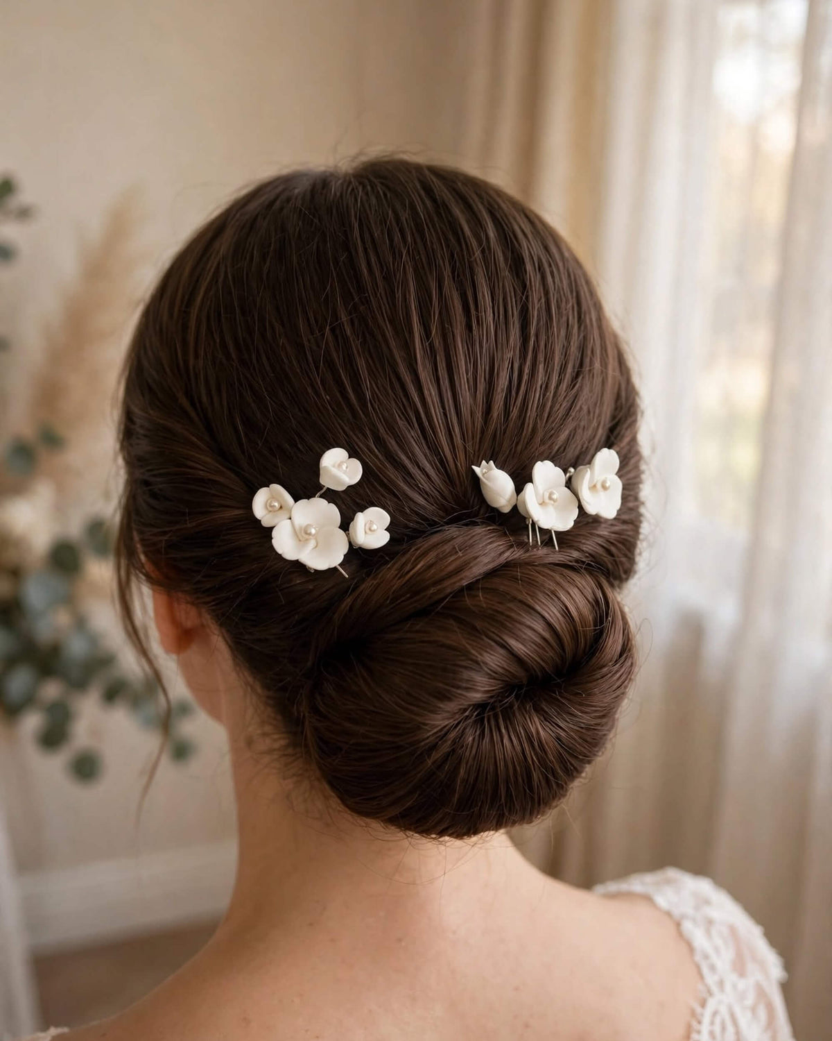 Bridal Hair Pins with Porcelain Flowers & Pearls – Minimalist Wedding Hair Accessory