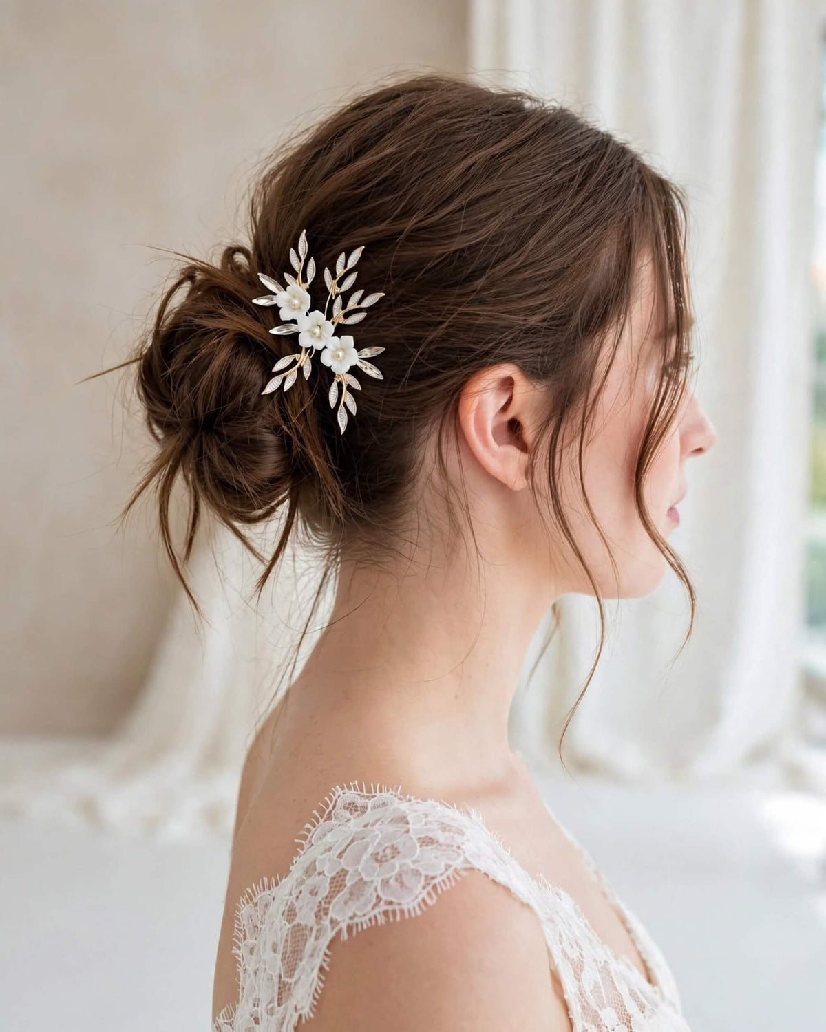 Pearl Hair Pins with Porcelain Flowers & Crystal – Floral Leaf Bridal Hair Accessory