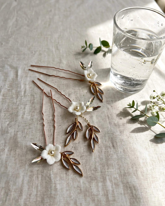 Pearl Hair Pins with Porcelain Flowers & Crystal – Floral Leaf Bridal Hair Accessory