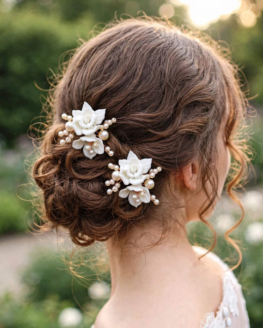 Pearl Hair Pin with Porcelain Rose – Floral Bridal Hair Accessory