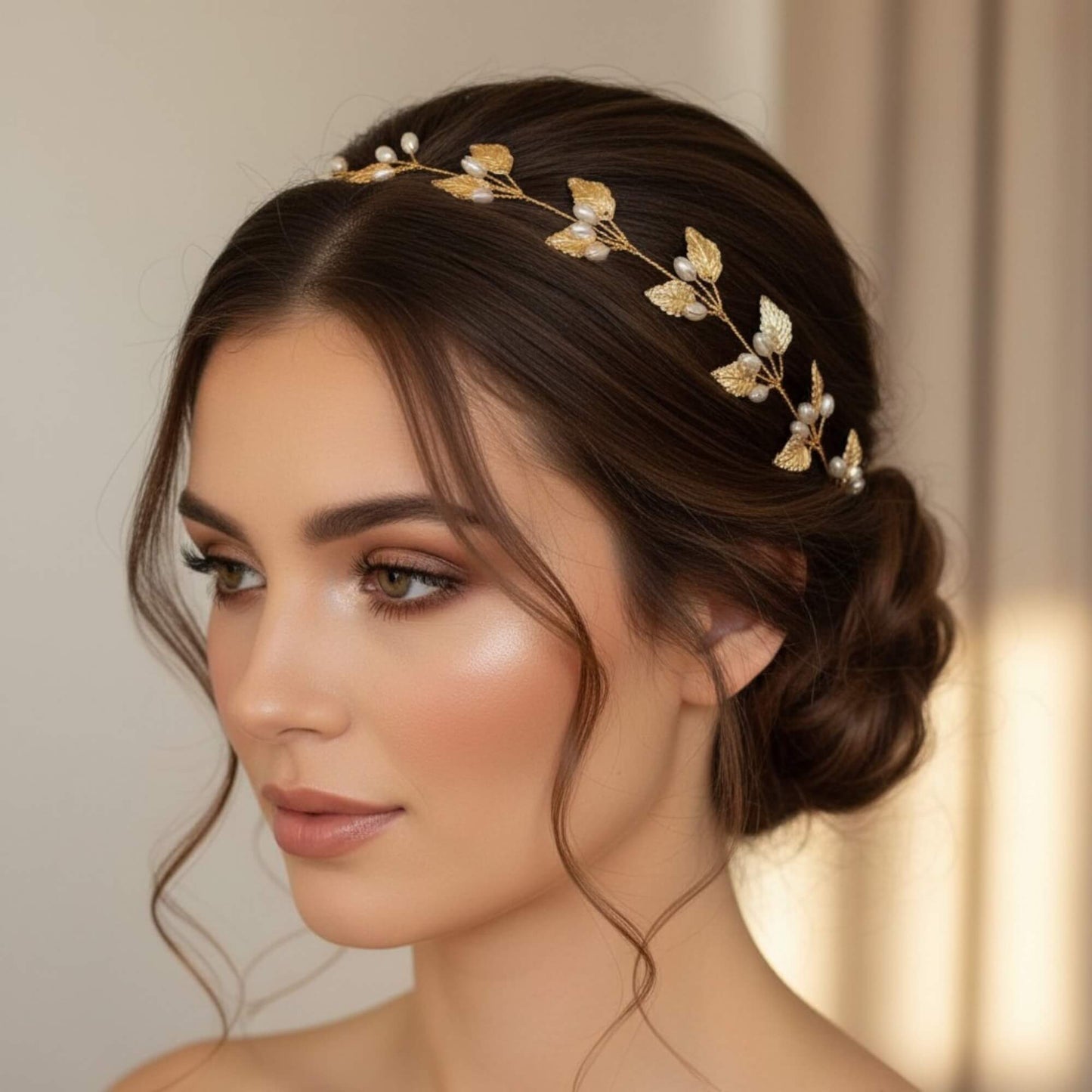 gold bridal hair vine styled on bride side swept hairstyle