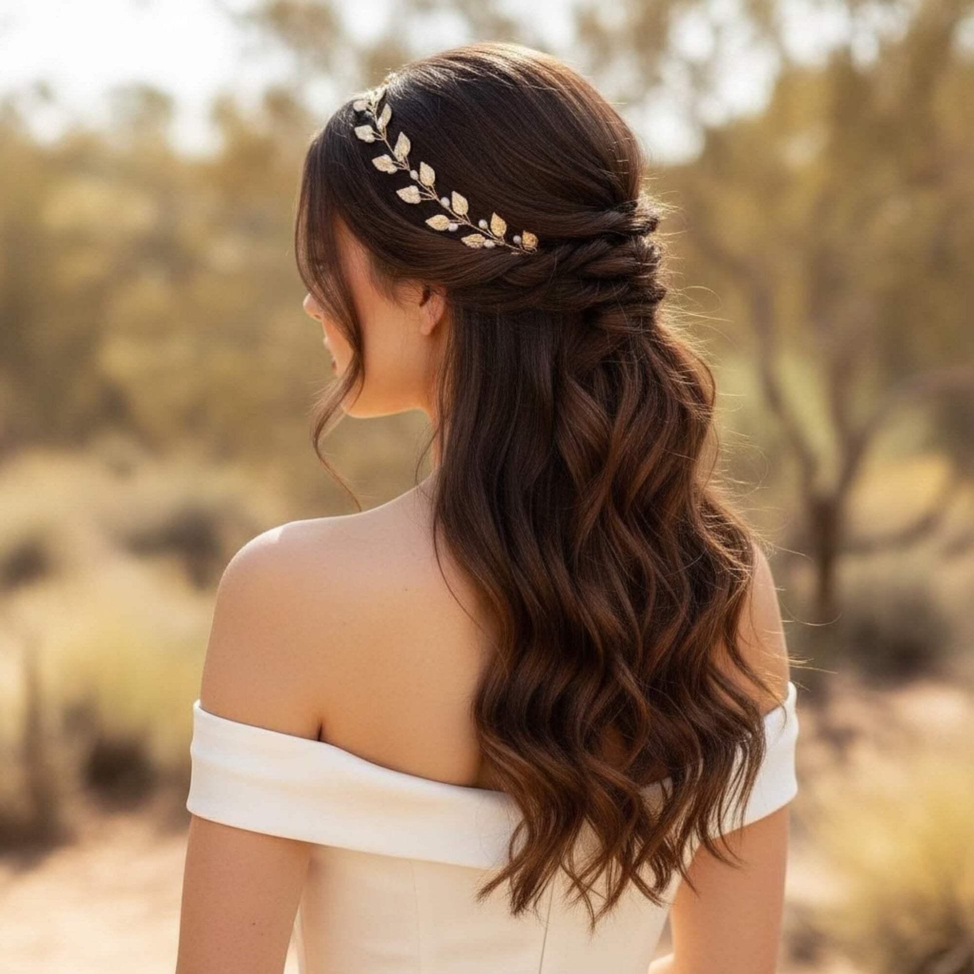 pearl and leaf bridal hair vine placed on elegant bridal updo