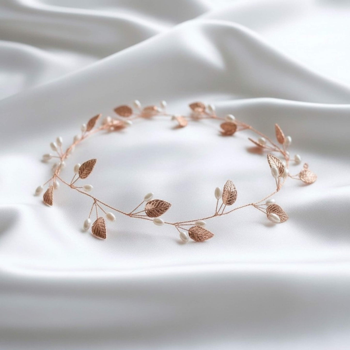 close up of rose gold bridal hair vine with pearls and leaves on satin
