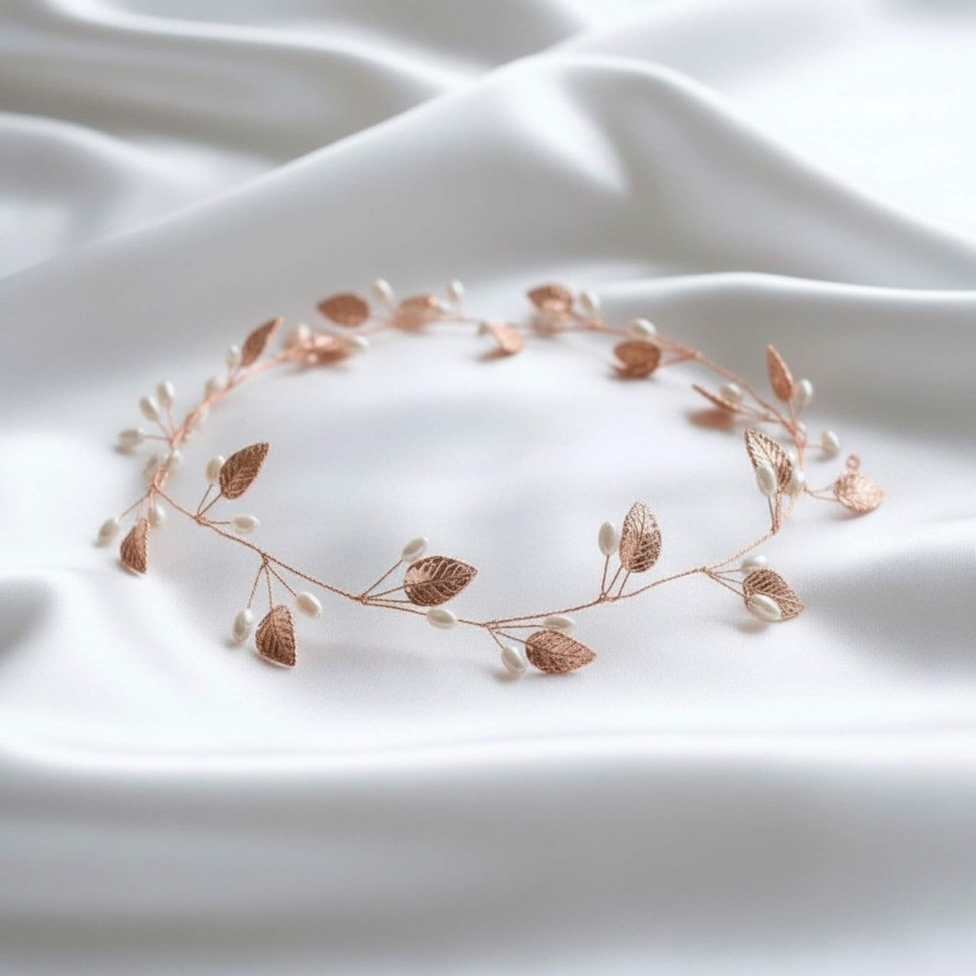 close up of rose gold bridal hair vine with pearls and leaves on satin