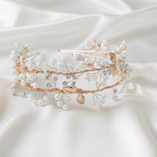 Pearl & Zircon Bridal Headband – Silver or Gold – Elegant Wedding Hair Accessory