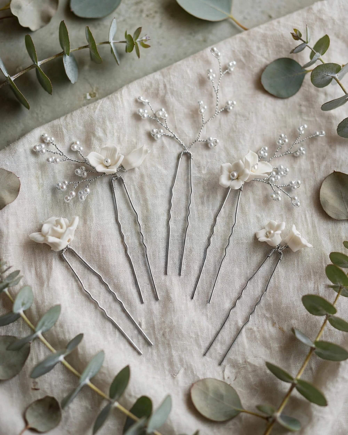 Pearl Hair Pins with Porcelain Flowers – Floral Bridal Hair Accessory