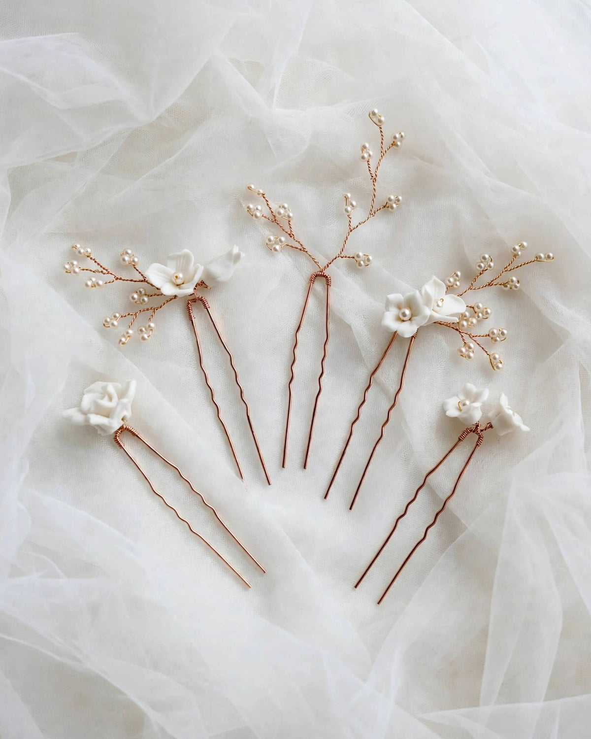 Pearl Hair Pins with Porcelain Flowers – Floral Bridal Hair Accessory