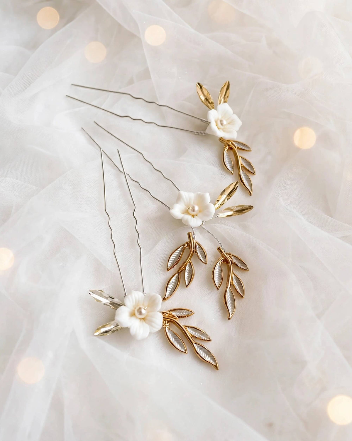 Pearl Hair Pins with Porcelain Flowers & Crystal – Floral Leaf Bridal Hair Accessory