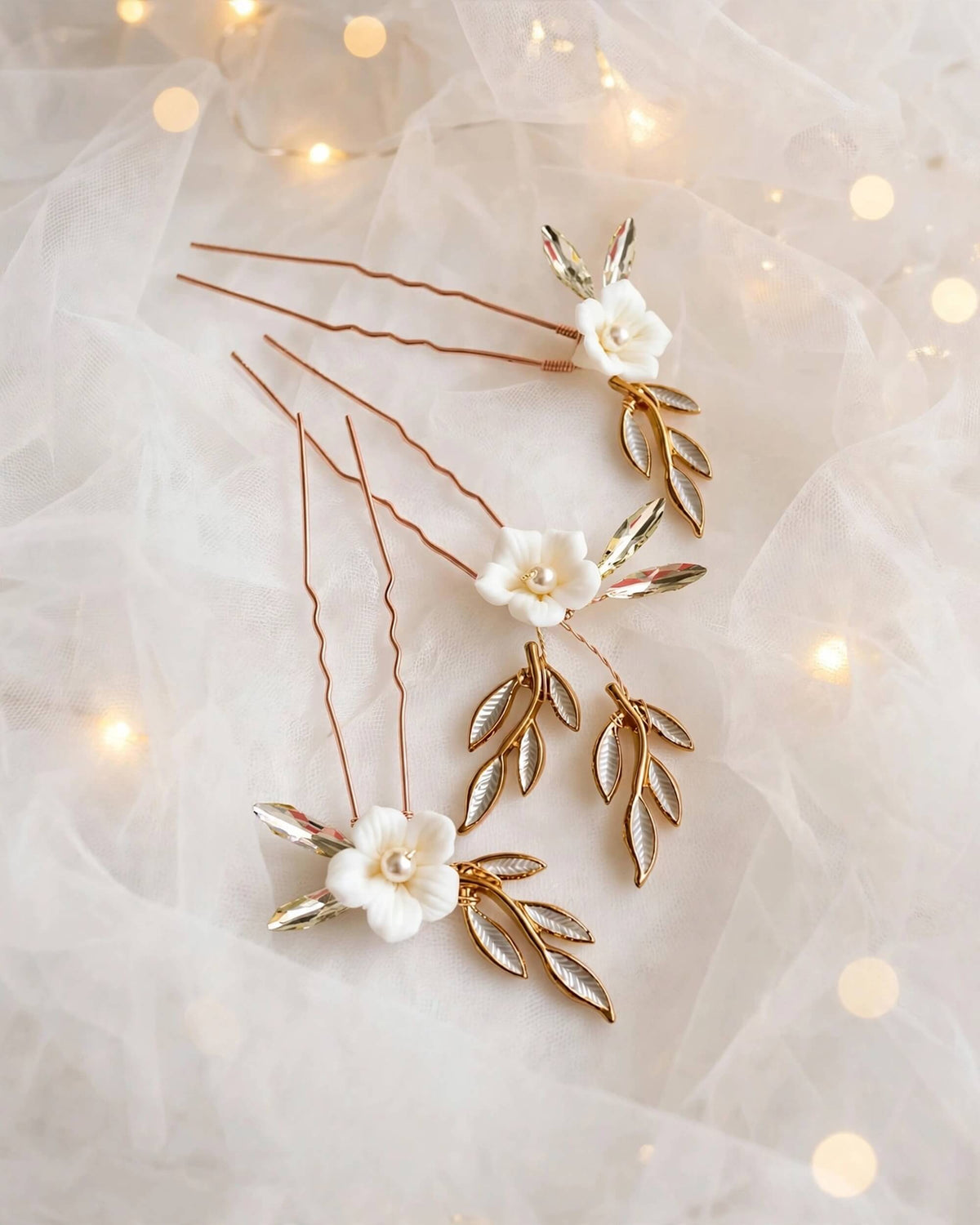 Pearl Hair Pins with Porcelain Flowers & Crystal – Floral Leaf Bridal Hair Accessory