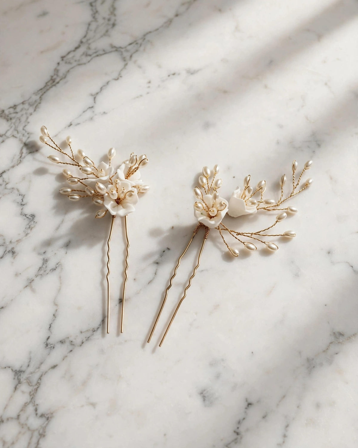 Pearl Hair Pins with Porcelain Flowers – Floral Wedding Hair Accessory