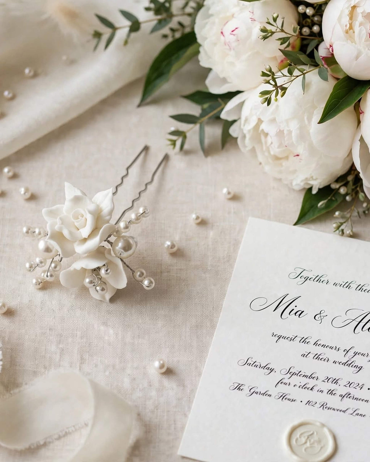 Pearl Hair Pin with Porcelain Rose – Floral Bridal Hair Accessory