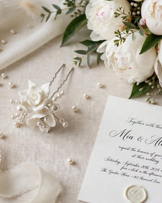 Pearl Hair Pin with Porcelain Rose – Floral Bridal Hair Accessory