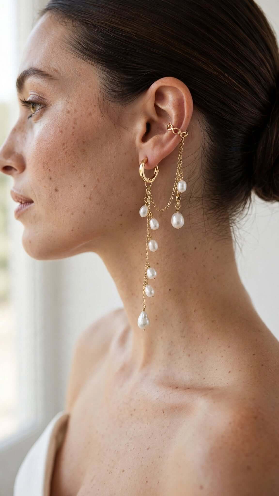 3-in-1 Pearl Bridal Wedding Earrings – Convertible Studs, Hoops & Chain