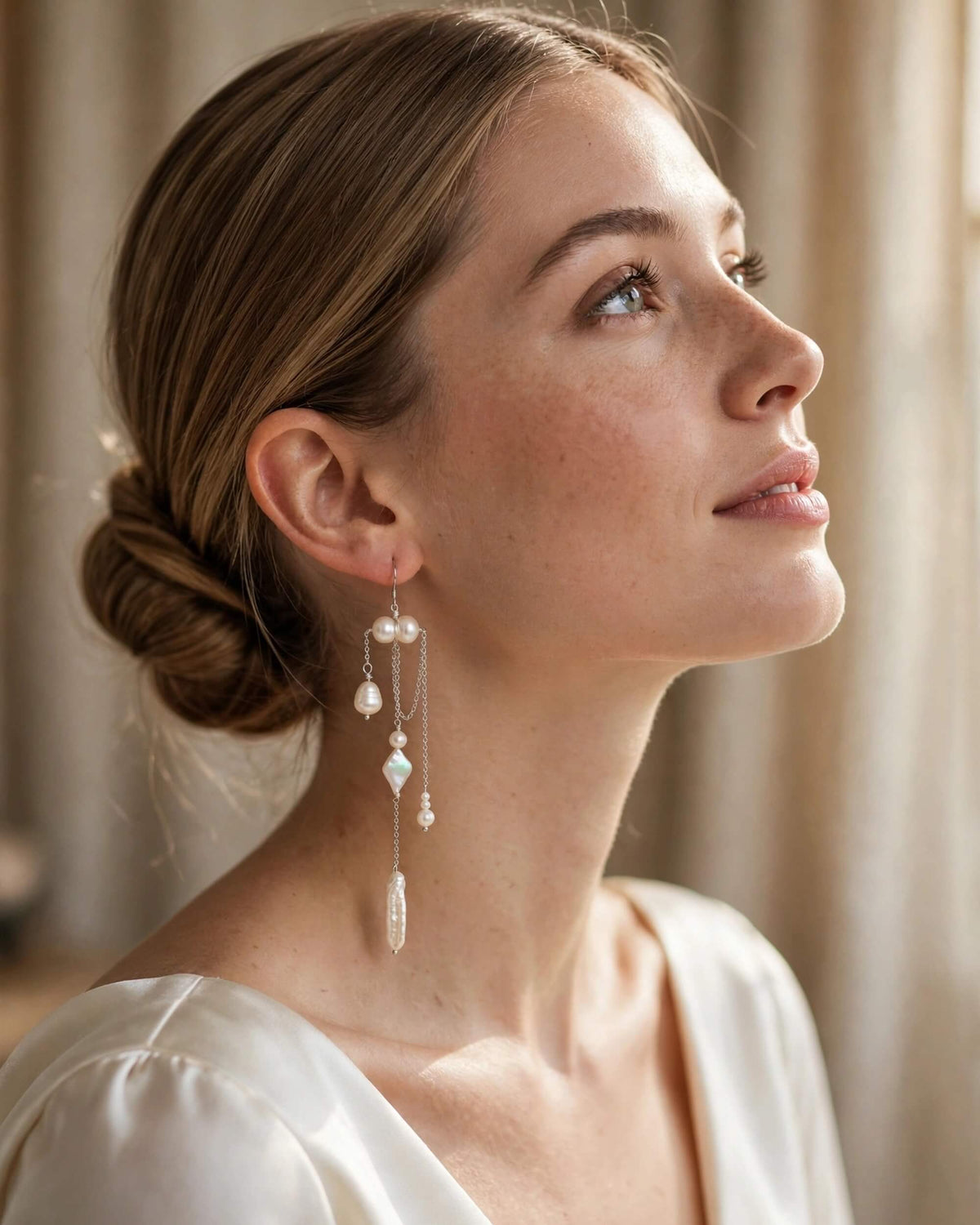 Pearl Dangle Earrings – Cascading Chain Drop with Freshwater Pearls for Bridal and Elegant Occasions