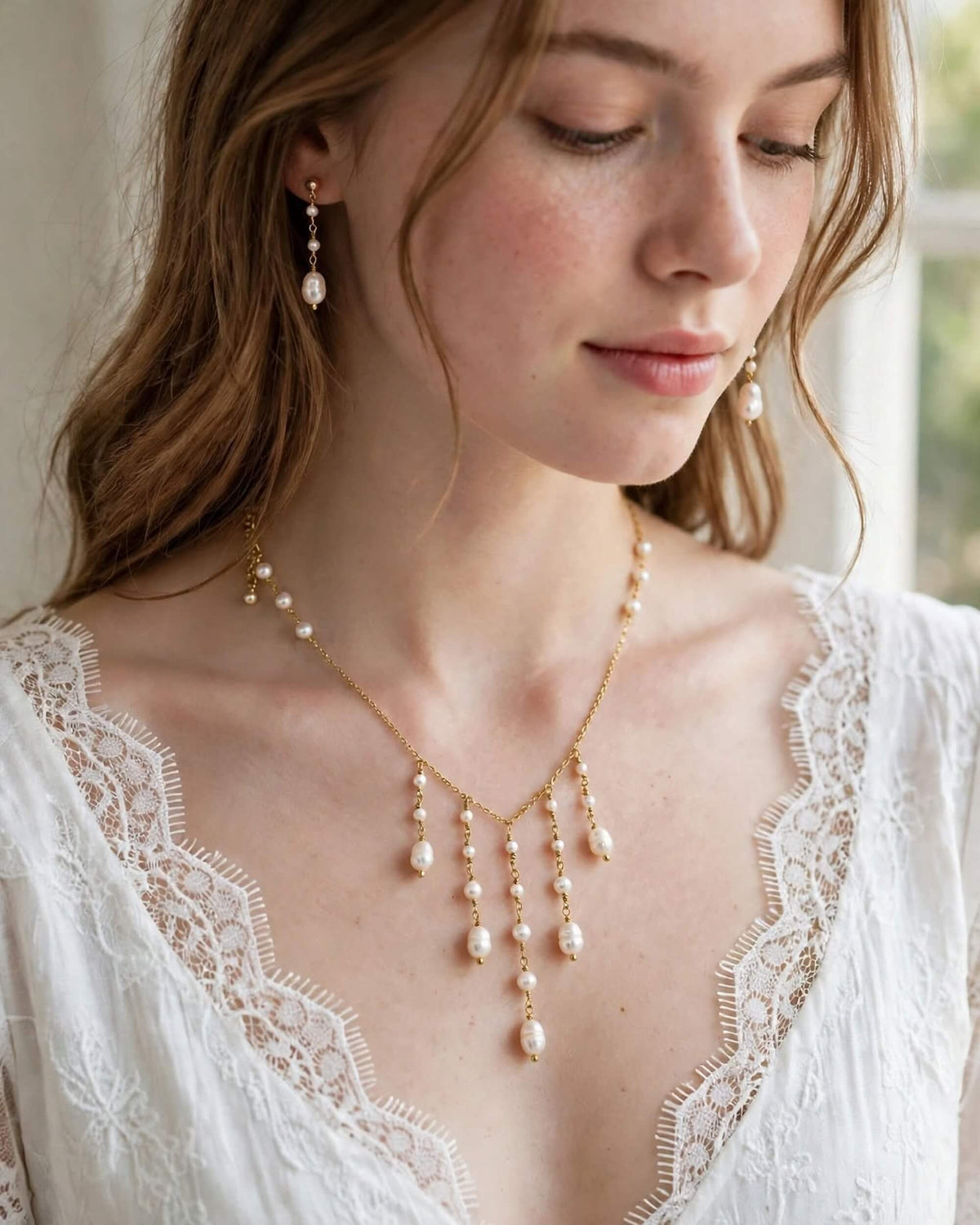 Freshwater Pearl Bridal Necklace with Cascading Pearl Drops, Wedding Jewellery