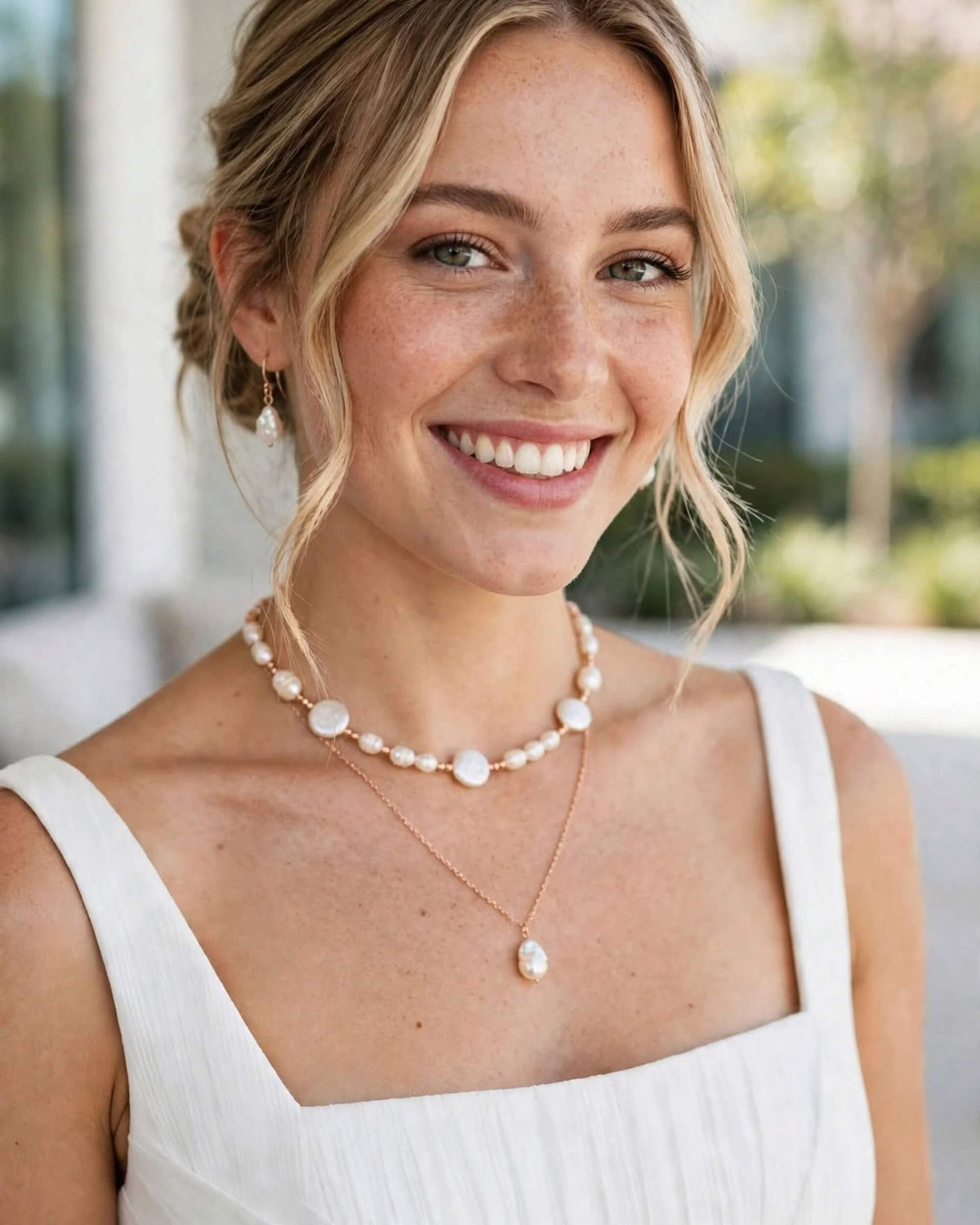 A smiling woman wearing layered necklaces, including a pearl bead choker and a rose gold chain with a white pearl pendant, in an outdoor setting.