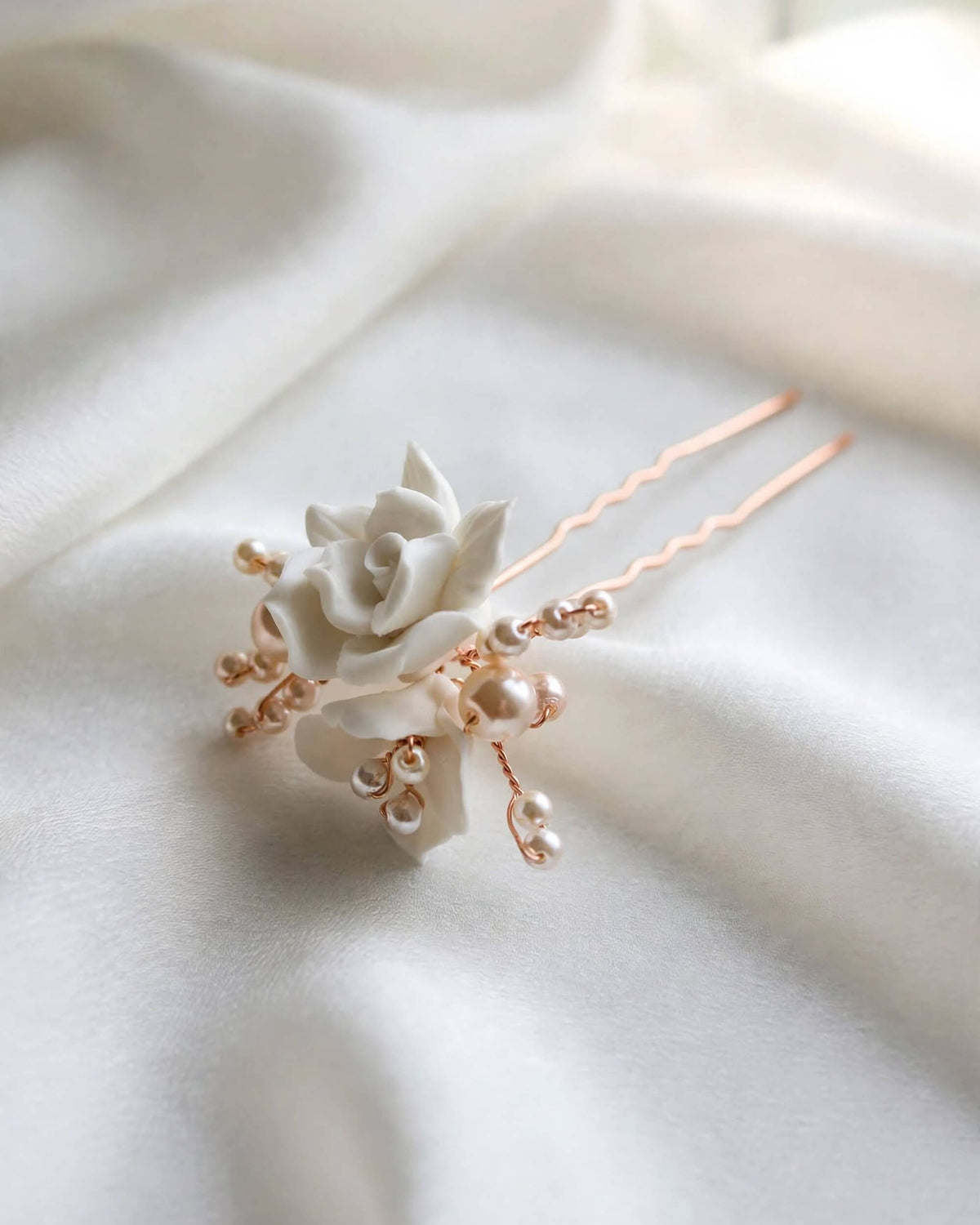 Pearl Hair Pin with Porcelain Rose – Floral Bridal Hair Accessory