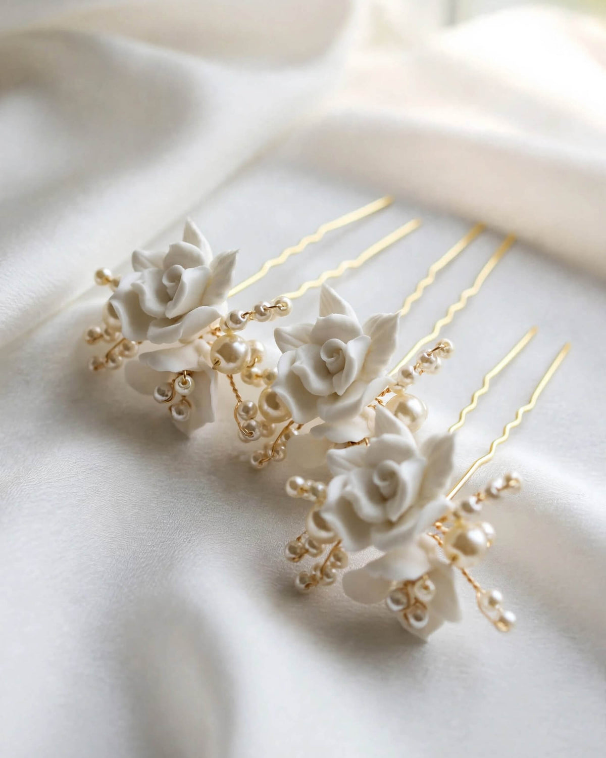 Pearl Hair Pin with Porcelain Rose – Floral Bridal Hair Accessory