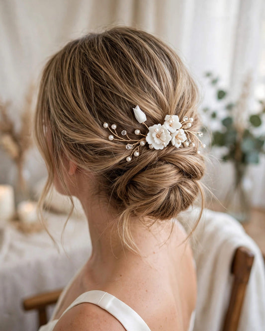 Bridal Hair Comb with Porcelain Flowers & Glass Pearls – Wedding Hair Accessory