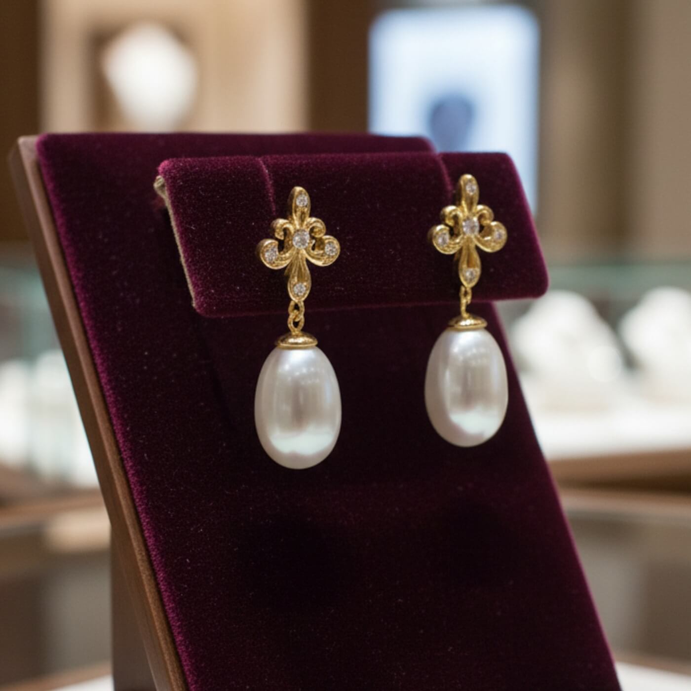 S925 silver freshwater pearl wedding earrings photographed on display shelve background